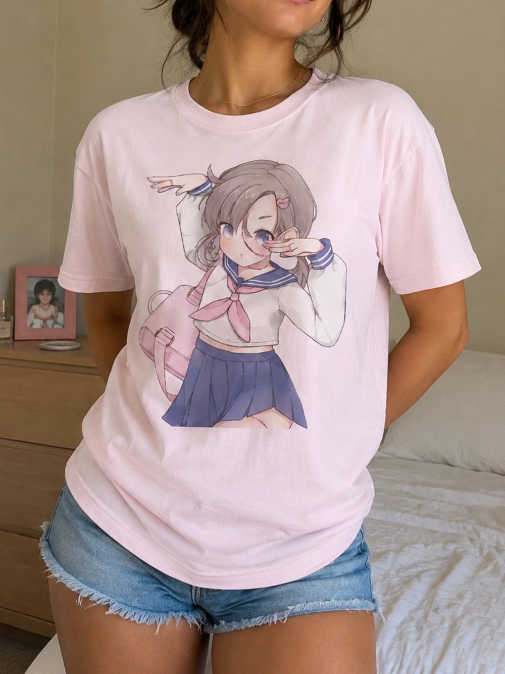 Zombie School Girl T-Shirt Light Pink Anime Graphic Tee for Women
